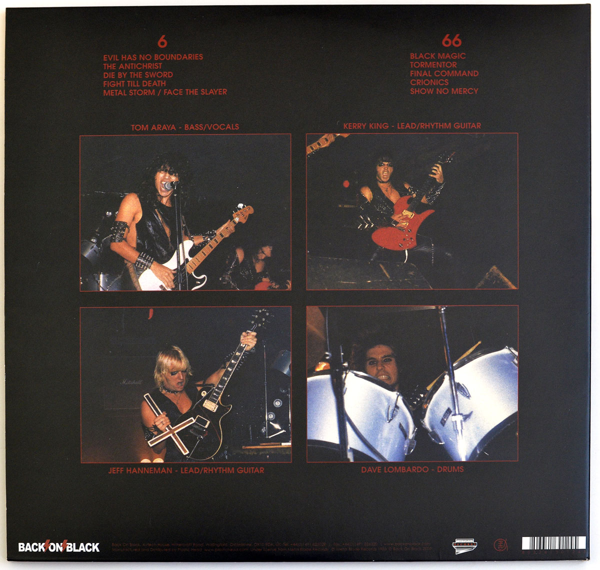 Back cover of Slayer's 'Show No Mercy' White Vinyl reissue featuring tracklist, band photos, and credits.